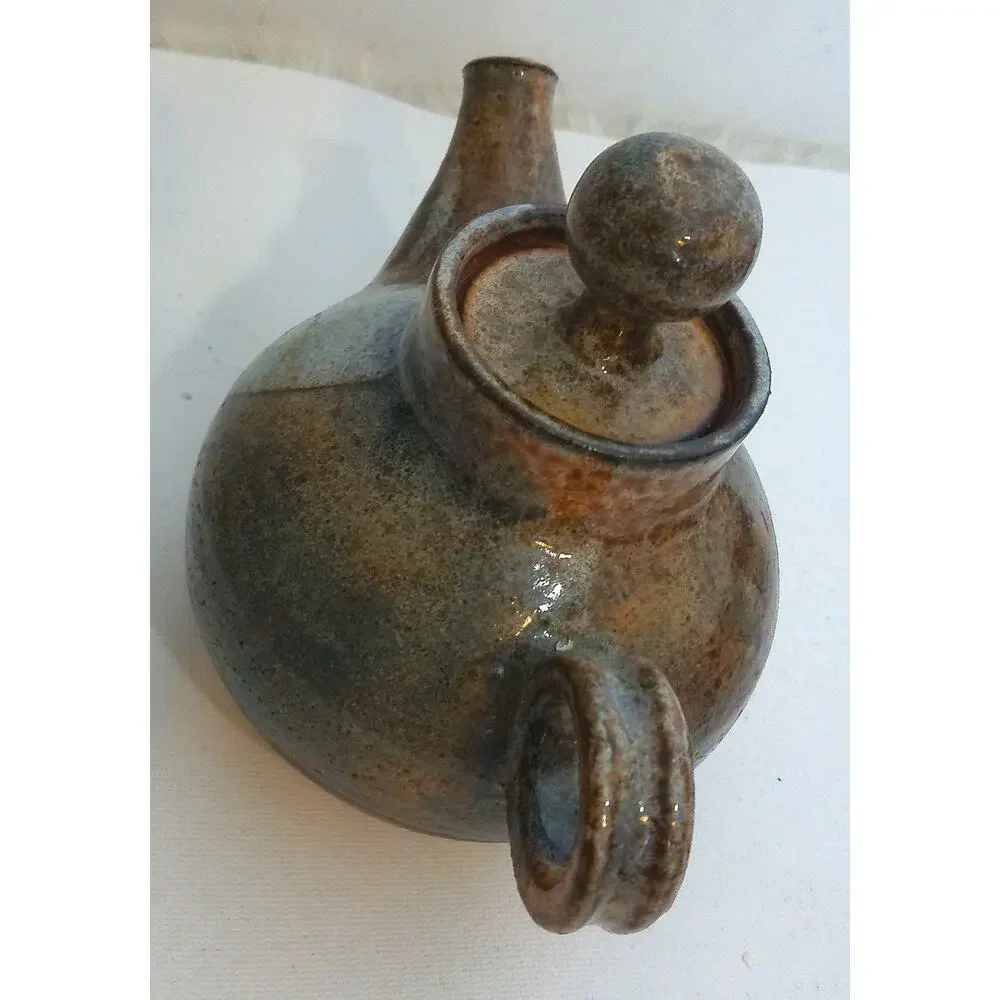 Vintage Rustic Handmade Studio Pottery Teapot with Brown and Blue Glaze